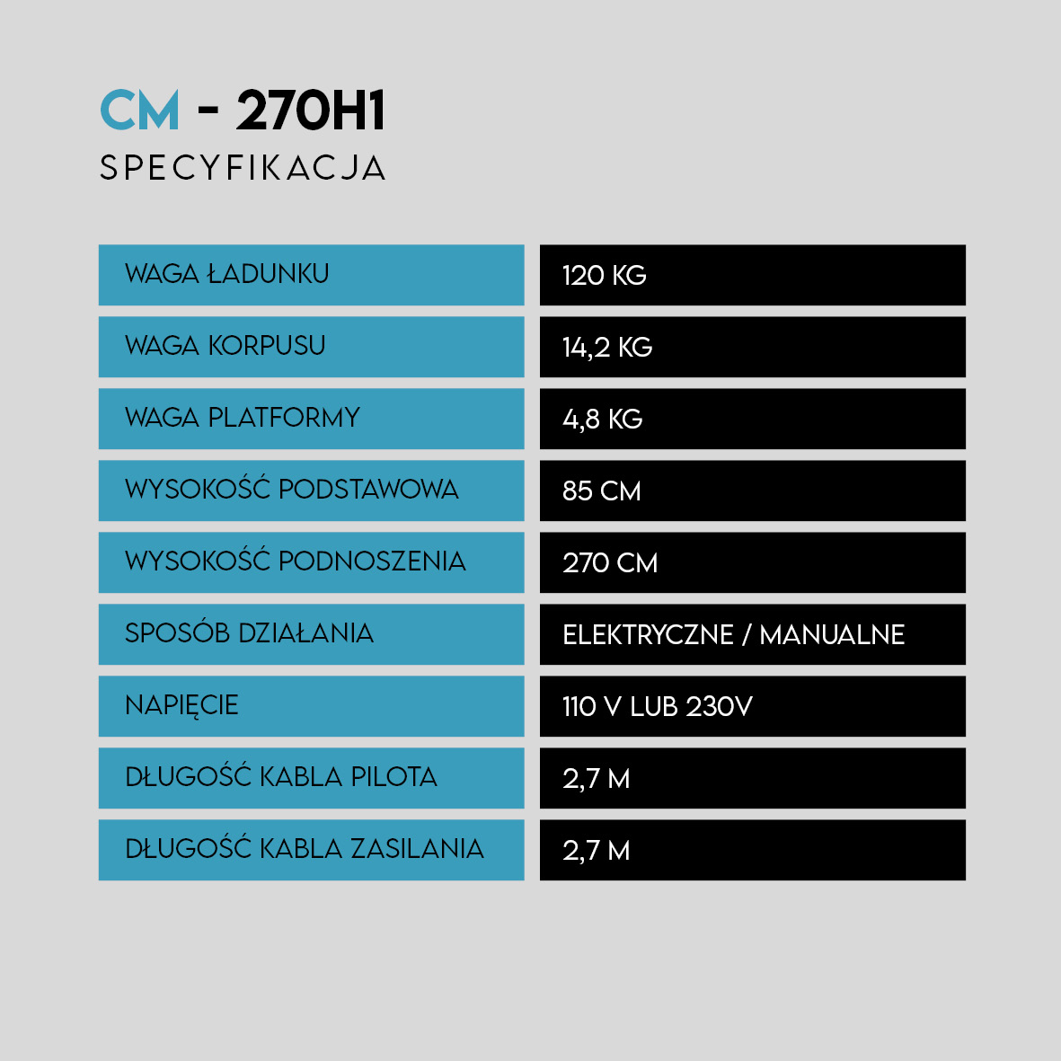 Specyfikacja podnośnika masztowego CM 270H1